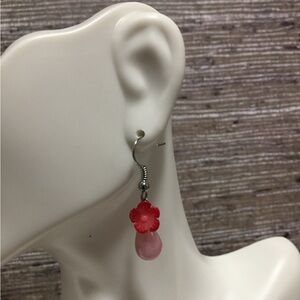 Pink quartz earrings with red coral flowers